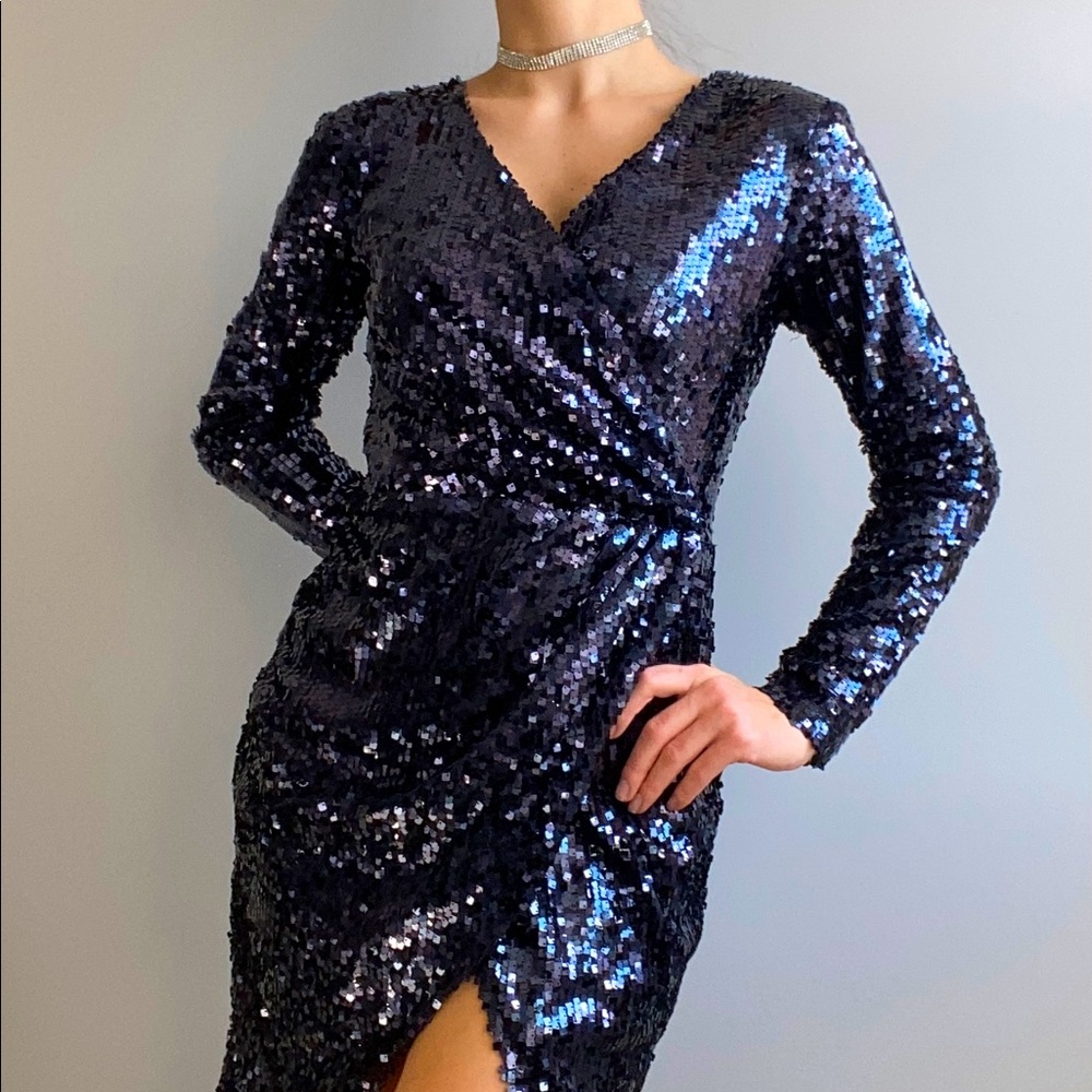 Navy Blue Wrap Sequin Mini Party Dress
